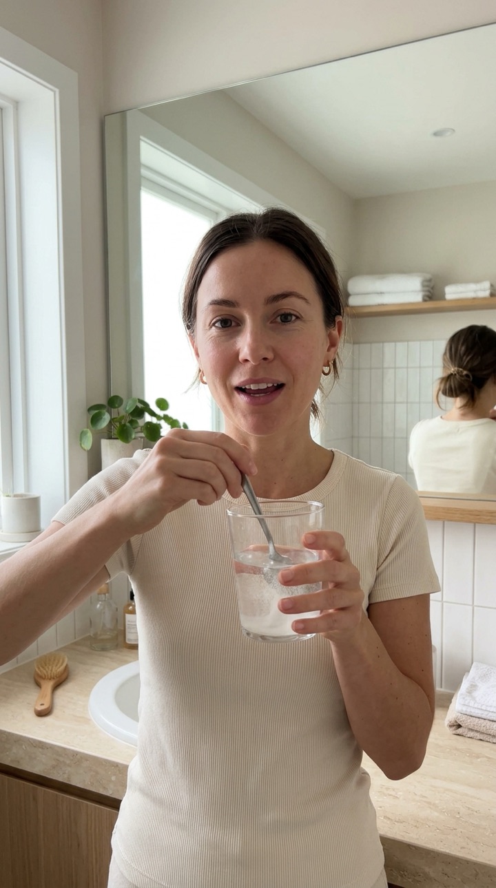 Presenter stirring collagen powder into water