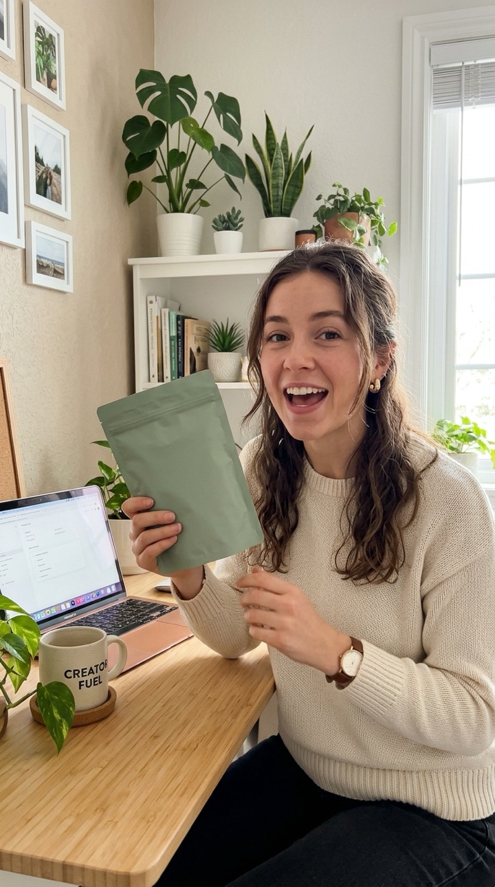 Creator holding a supplement pouch at her desk