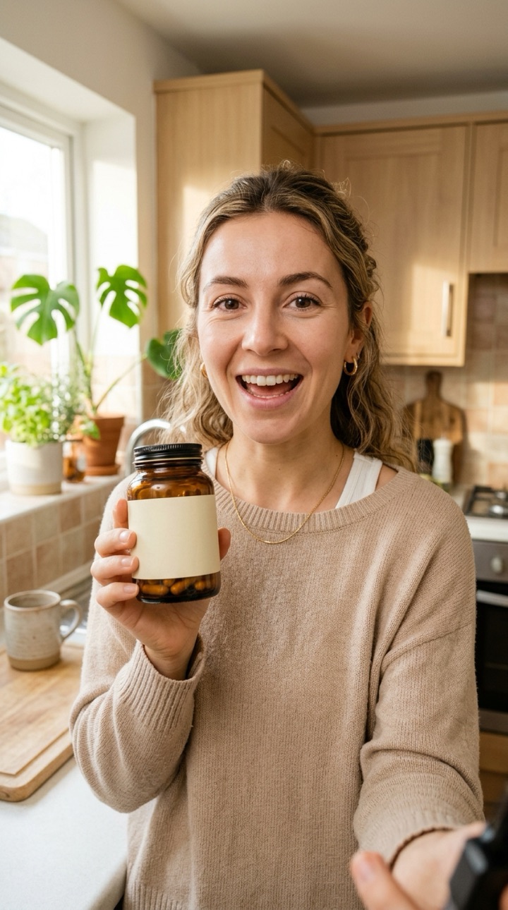 Creator holding a supplement jar in her kitchen