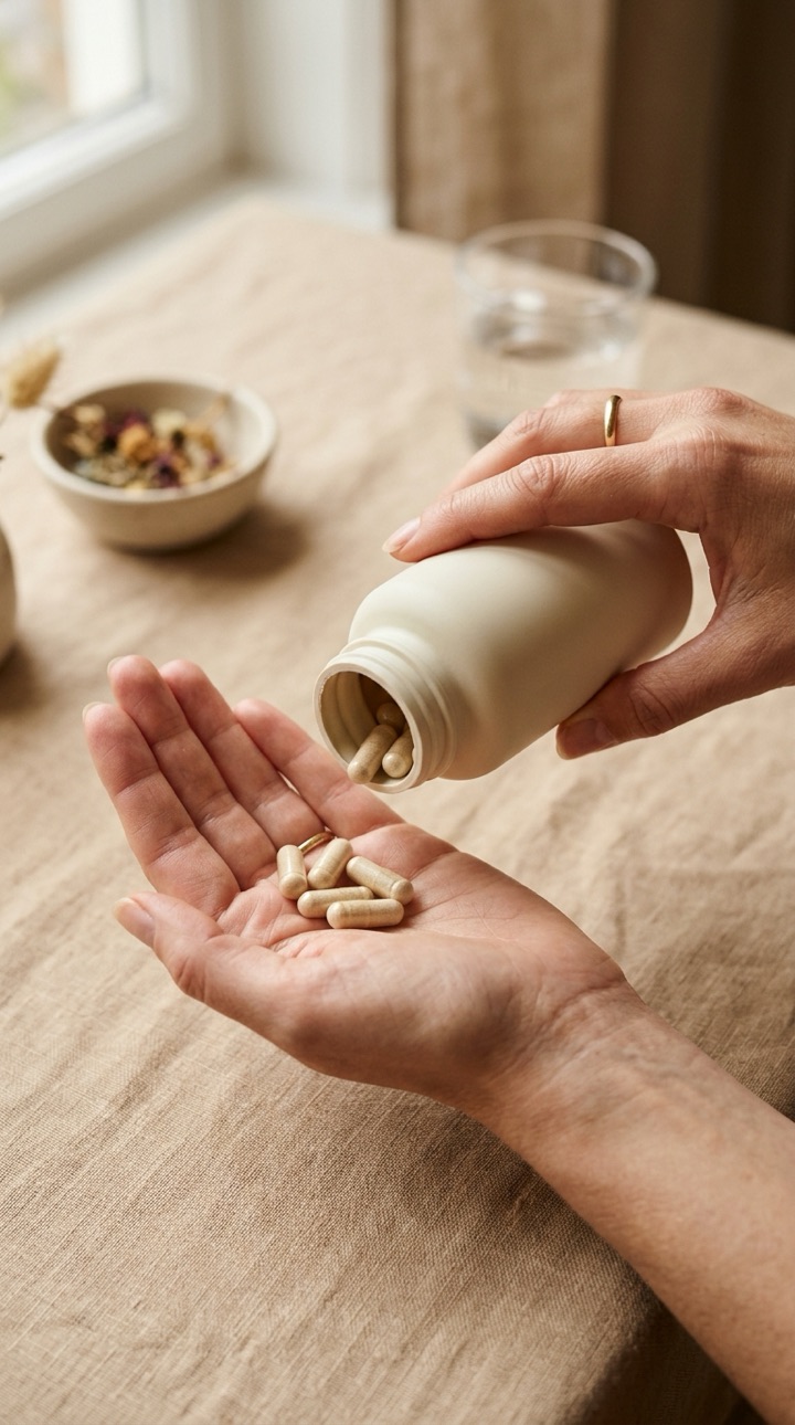 Capsules poured from a supplement bottle into a palm