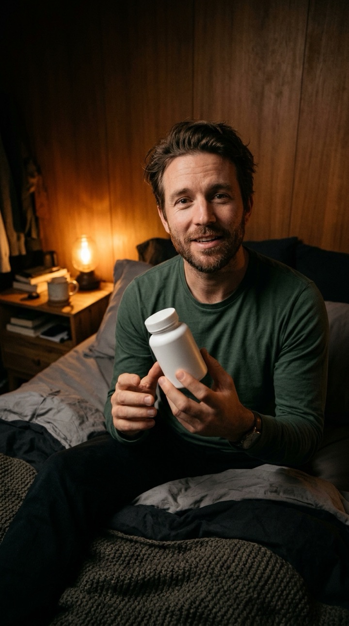 Man holding a sleep supplement bottle in a dim bedroom